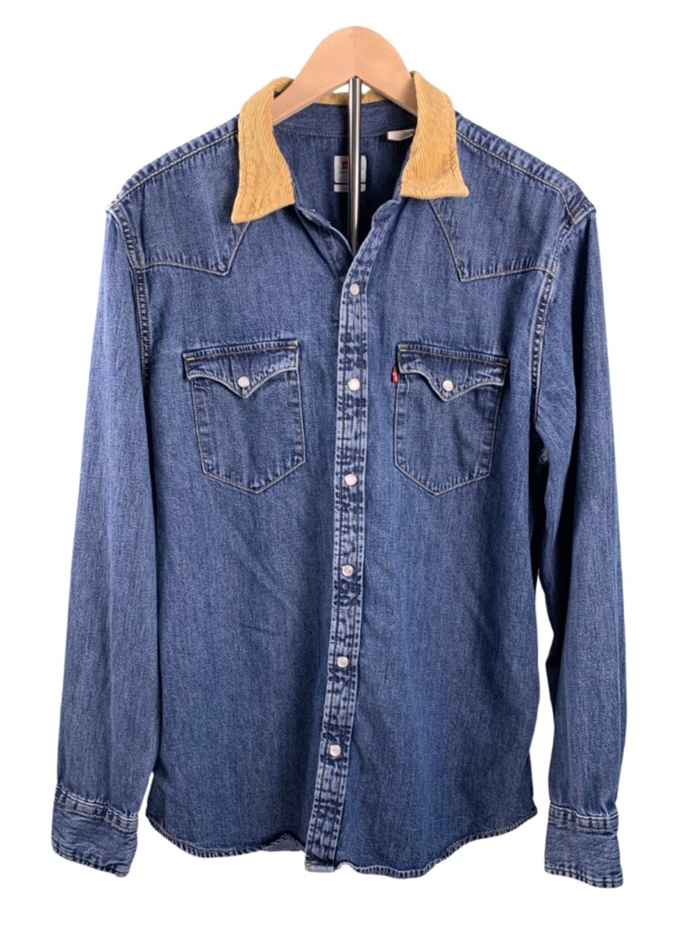Levi's Blue Denim Western Shirt with Tan Corduroy Collar Longsleeve Men L Cowboy